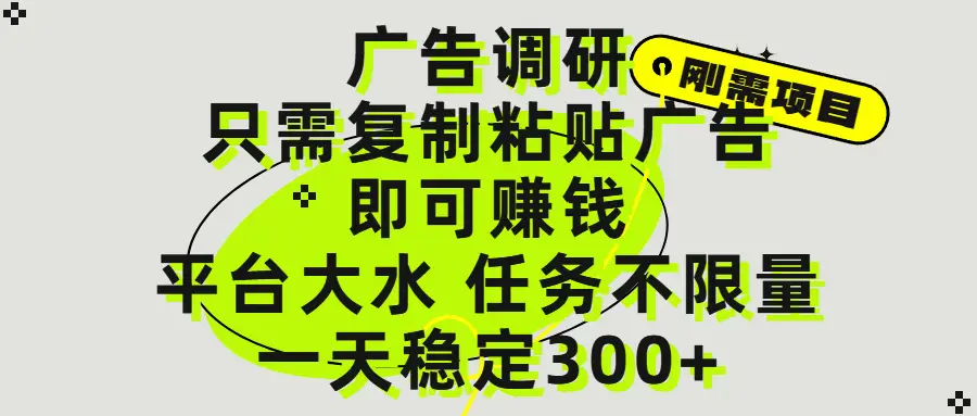 广告调研项目，只需复制粘贴广告即可赚钱，平台大水，任务不限量，一天300+-项目资料商城