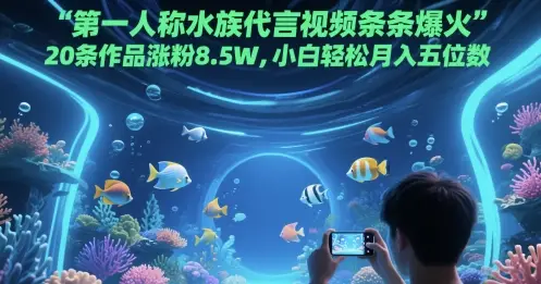 第一人称水族代言视频条条爆火，20条作品涨粉8.5W，小白轻松月入五位数-项目资料商城
