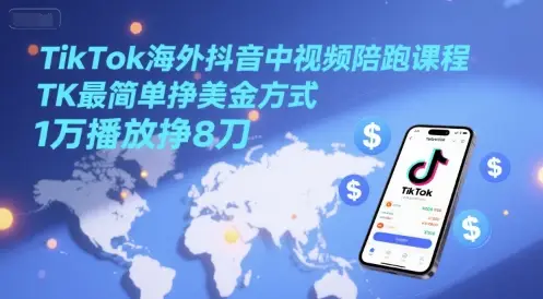 TikTok海外抖音中视频陪跑课程，TK最简单挣美金方式，1万播放挣8刀-项目资料商城