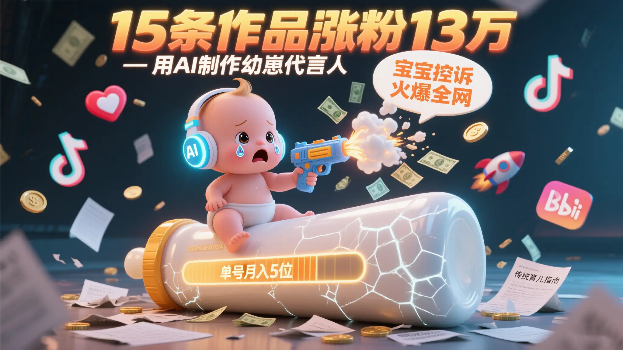 用AI制作幼崽代言人，宝宝的控诉火爆全网，15条作品涨粉13万，单号月入5位数实操教程-项目资料商城