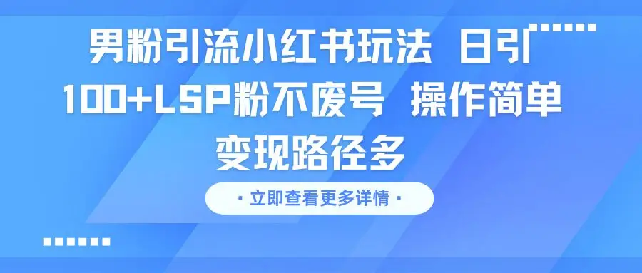 男粉引流小红书玩法 日引100+LSP粉不废号 操作简单 变现路径多-项目资料商城