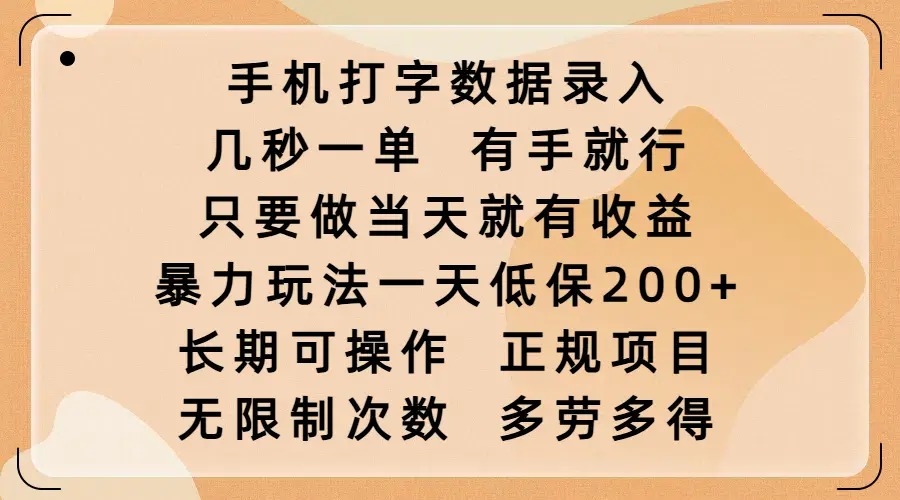 手机打字数据录入，几秒一单，有手就行，只要做当天就有收益，暴力玩法一天低保200+，长期可操作，正规项目，无限制次数，多劳多得-项目资料商城