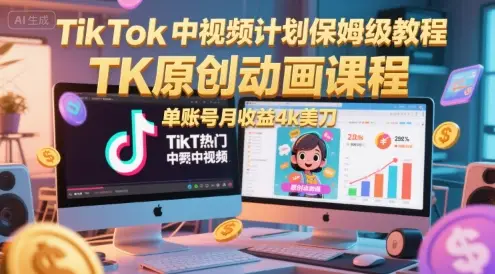 TikTok中视频计划保姆级教程，TK原创动画课程，单账号月收益4k美刀-项目资料商城