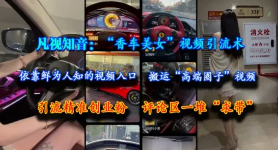 凡视知音：“香车美女”视频引流术，依靠鲜为人知的视频入口，搬运“高端圈子”视频，引流精准创业粉，评论区一堆“求带”-项目资料商城