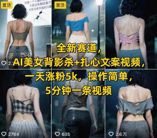 全新赛道，AI美女背影杀+扎心文案视频，一天涨粉5k，操作简单，5分钟一条视频-项目资料商城