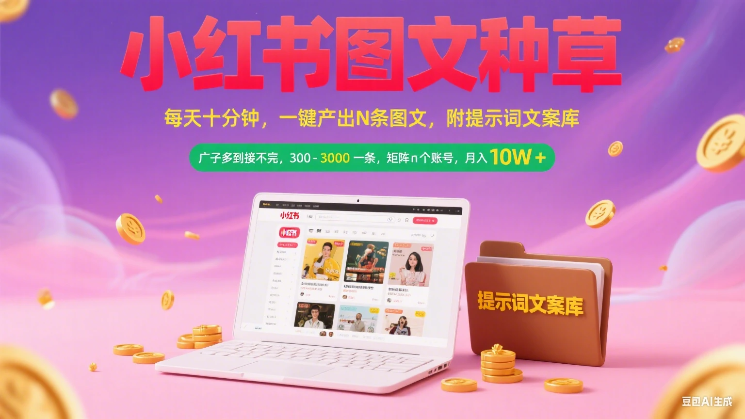 【精】小红书图文种草   每天十分钟 一键产出N条图文 附提示词文案库广子多到接不完 300-3000一条 矩阵n个账号 月入10W+-项目资料商城