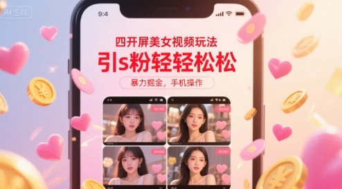 四开屏美女视频玩法，引s粉轻轻松松，暴力掘金，手机操作【揭秘】-项目资料商城