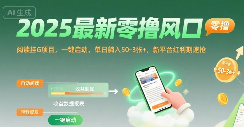 2025最新零撸风口，阅读挂G项目，一键启动，单日躺入 50-3张+，新平台红利期速抢【揭秘】-项目资料商城