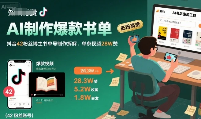 AI制作爆款书单，抖音42粉丝博主书单号制作拆解，单条视频28W赞-项目资料商城