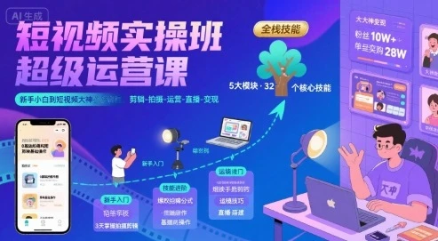 【精】短视频实操班超级运营课，新手小白到短视频大神必修课程，剪辑-拍摄-运营-直播-变现-项目资料商城