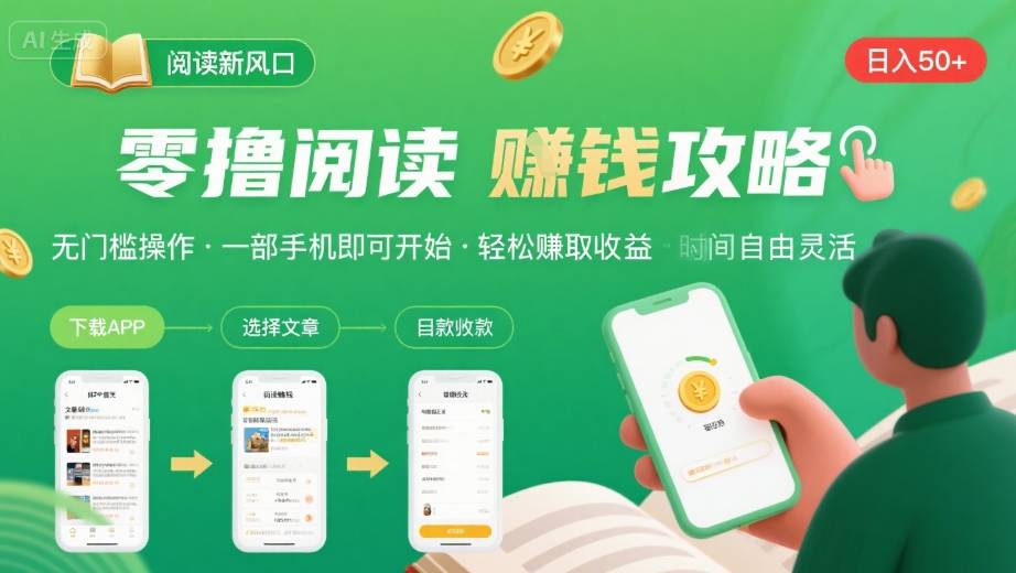 零撸阅读新风口，无门槛轻松挣，一部手机，日入 50-3张【揭秘】-项目资料商城