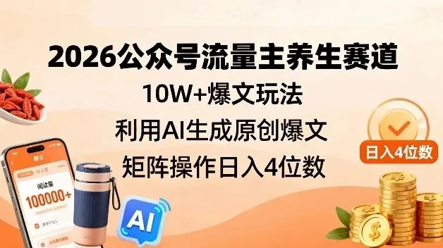 2026公众号流量主养生赛道，10W+爆文玩法，利用AI生成原创爆文，矩阵操作日入4位数-项目资料商城