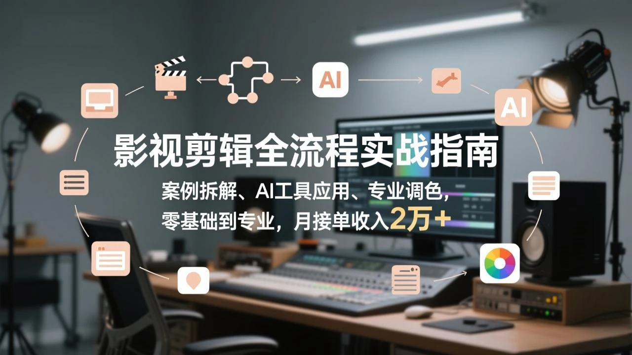 【精】影视剪辑全流程实战指南，案例拆解、AI工具应用、专业调色，零基础到专业，月接单收入2万+-项目资料商城