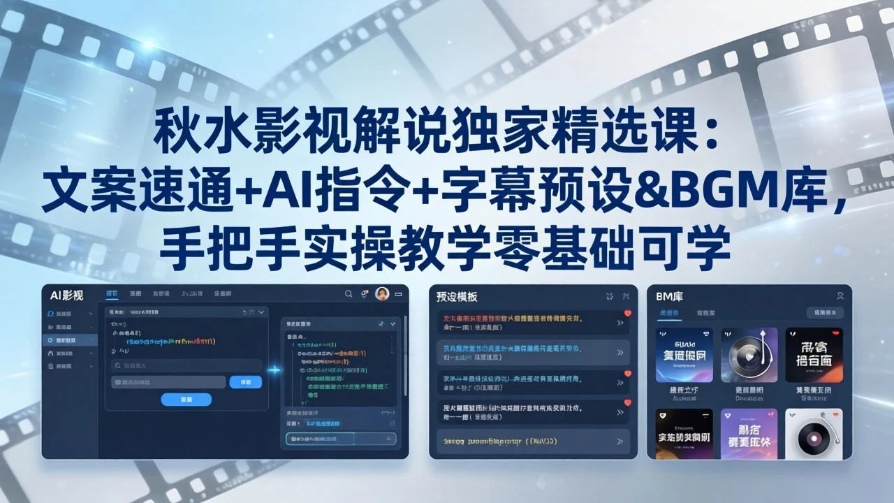 【精】秋水影视解说独家精选课：文案速通+AI指令+字幕预设+BGM库，手把手实操教学零基础可学-项目资料商城