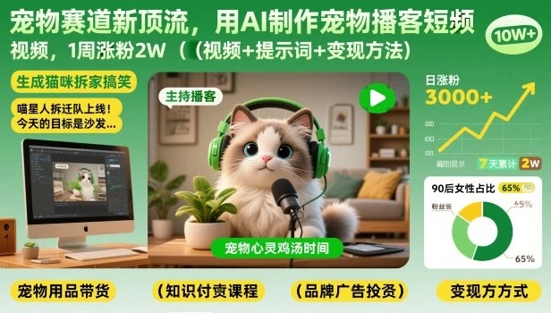 宠物赛道新顶流，用AI制作宠物播客短视频，1周涨粉2W（视频+提示词+变现方法）-项目资料商城