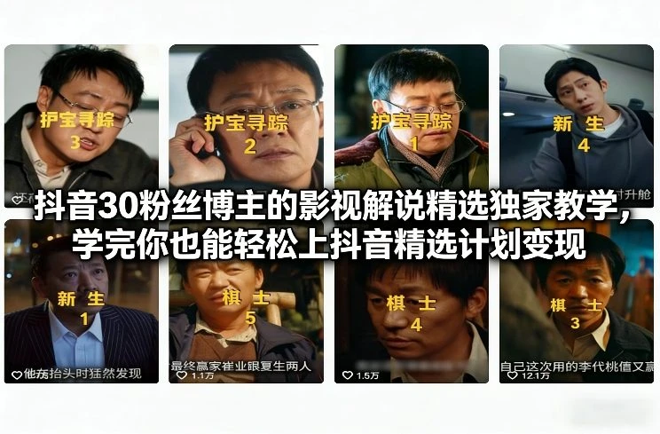 【精】抖音30粉丝博主的影视解说精选独家教学，学完你也能轻松上抖音精选计划变现-项目资料商城