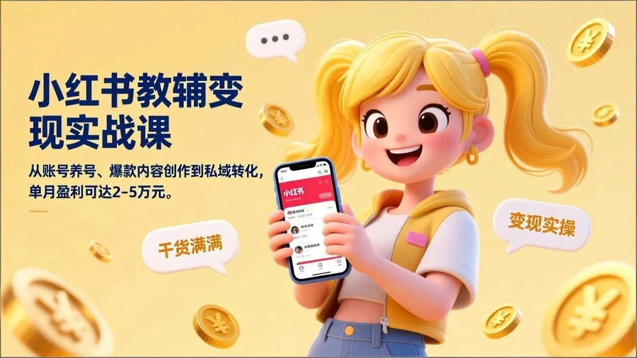 【精】小红书教辅变现实战课，从账号养号、爆款内容创作到私域转化，单月盈利可达2-5万元-项目资料商城